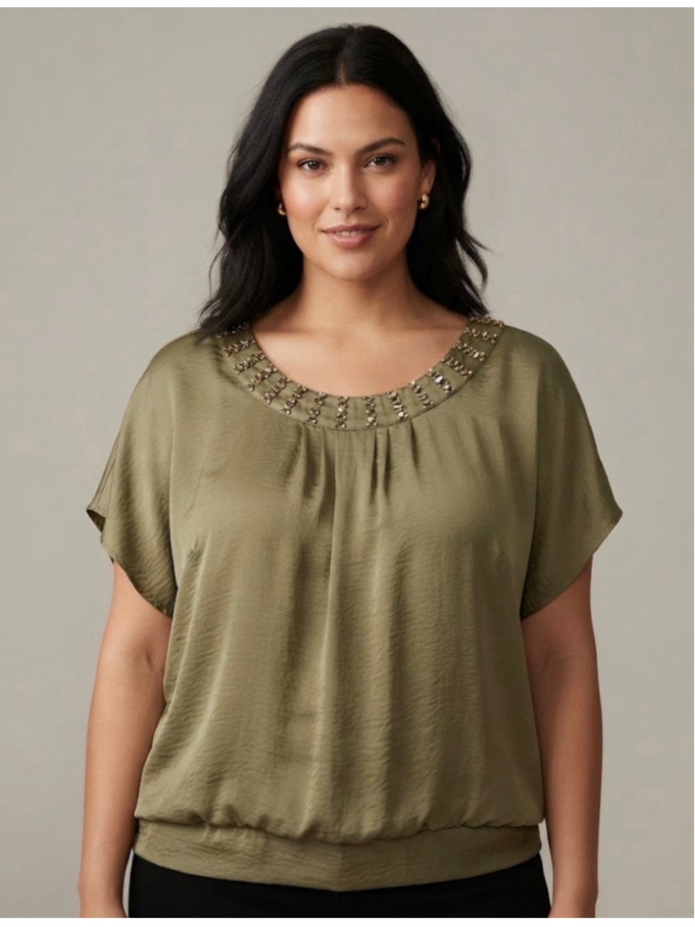 Apt. 9 Olive Blouse with Embellished Neckline, Size M